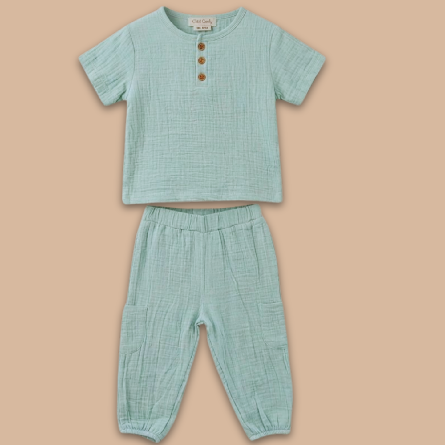 Teal Organic Muslin Short Sleeve Henley T-shirt With Lounge Pant Set