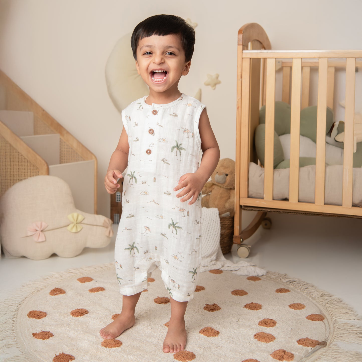 Palm Breezy Print Organic Muslin Half Romper