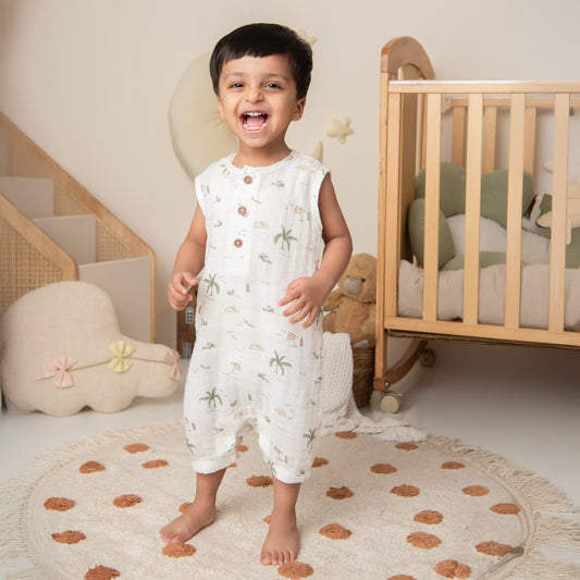 Palm Breezy Print Organic Muslin Half Romper