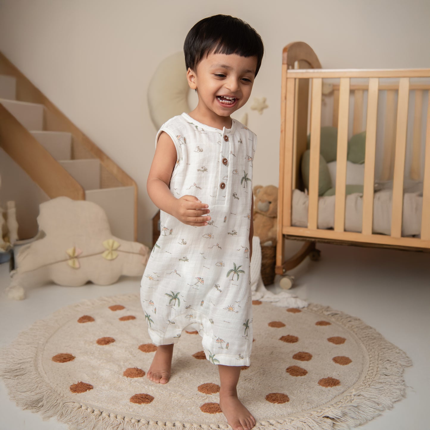 Palm Breezy Print Organic Muslin Half Romper