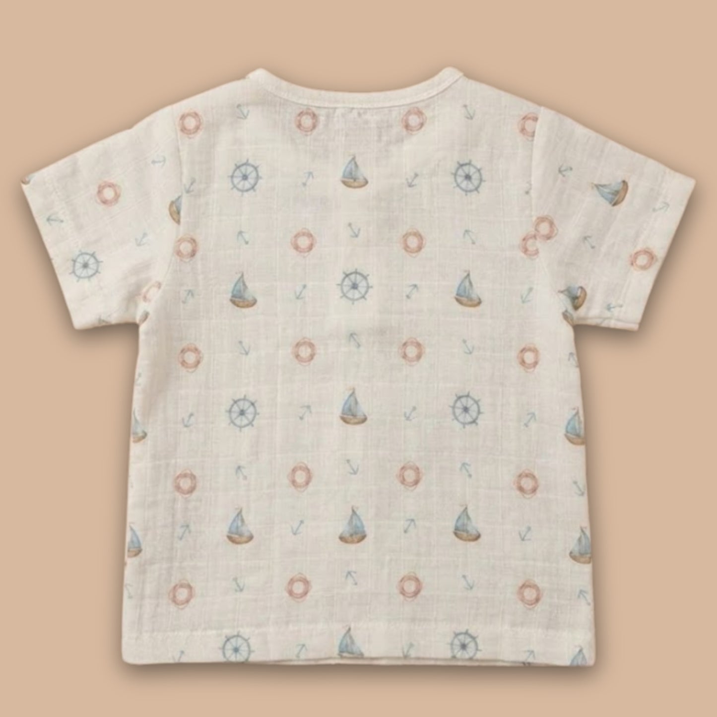 Little Sailor Print Organic Muslin Short Sleeve Henley T-Shirt