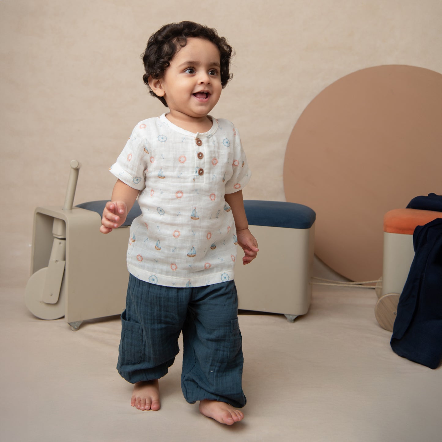 Little Sailor Print Organic Muslin Short Sleeve Henley T-Shirt