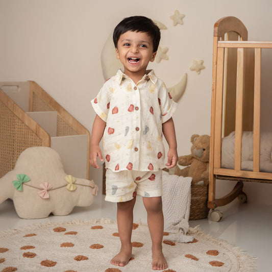 Fruity Fun Print Organic Muslin Jhabla Set Oversized Shirt with shorts