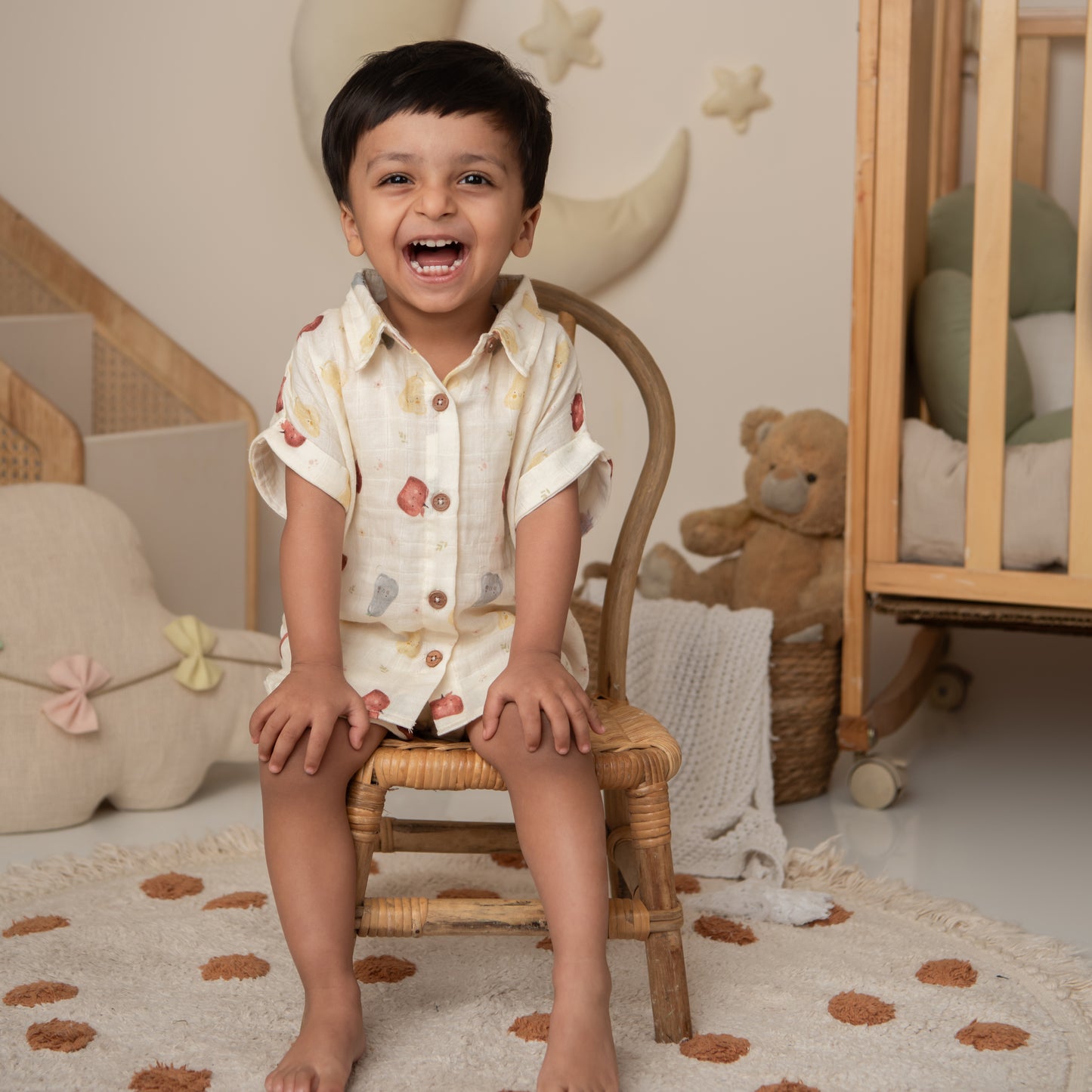 Fruity Fun Print Organic Muslin Jhabla Set Oversized Shirt with shorts