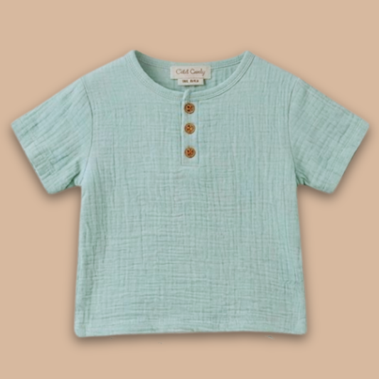 Teal Organic Muslin Short Sleeve Henley T-Shirt