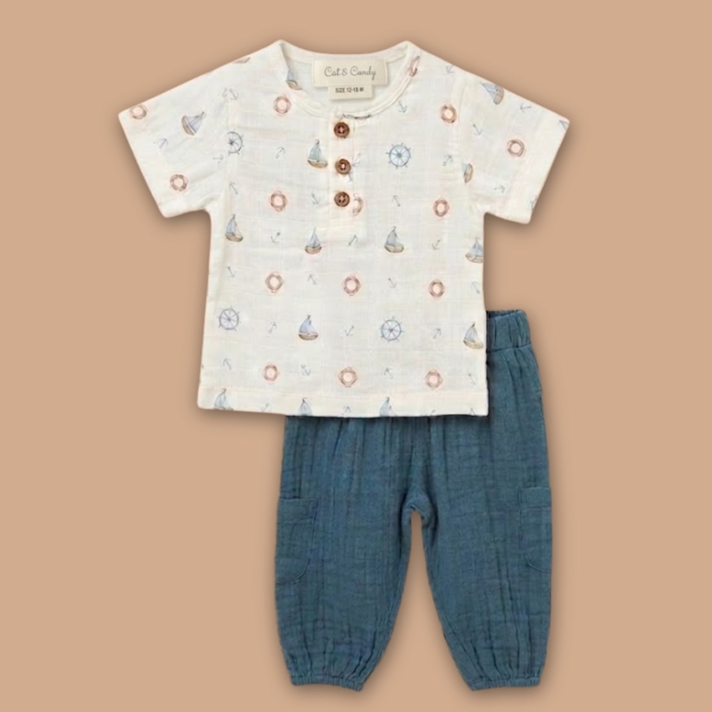 Little Sailor Print Organic Muslin Short Sleeve Henley T-Shirt With Jogger Set