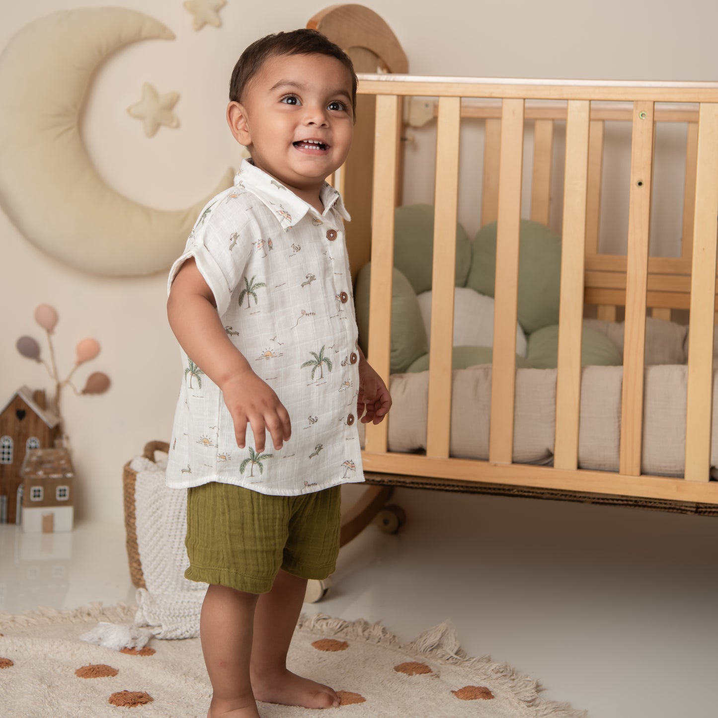 Palm Breezy Print Organic Muslin Jhabla Set Oversized Shirt with shorts