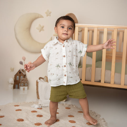 Palm Breezy Print Organic Muslin Jhabla Set Oversized Shirt with shorts