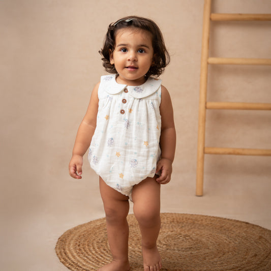 Lagoon Life Print Organic Muslin Peter Pan Collar Romper