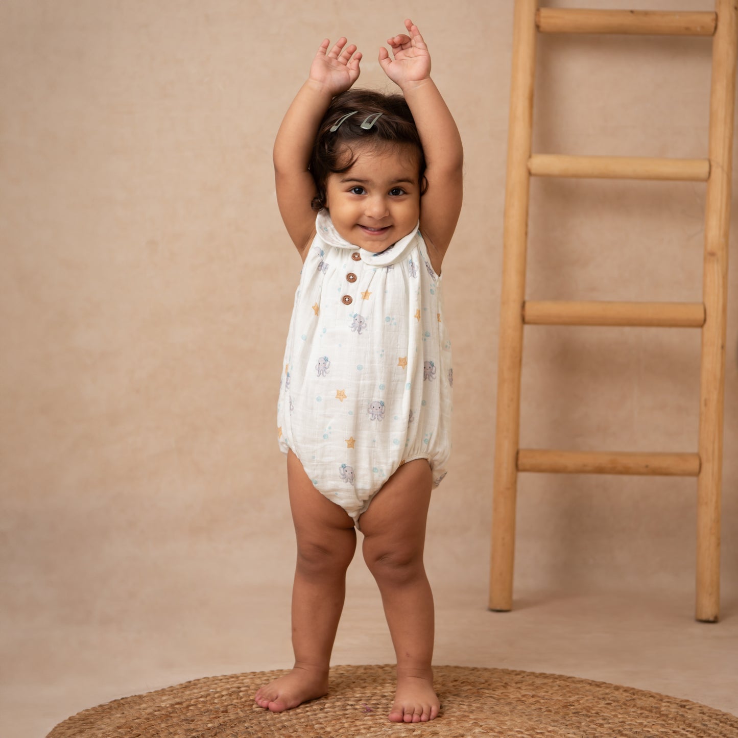 Lagoon Life Print Organic Muslin Peter Pan Collar Romper