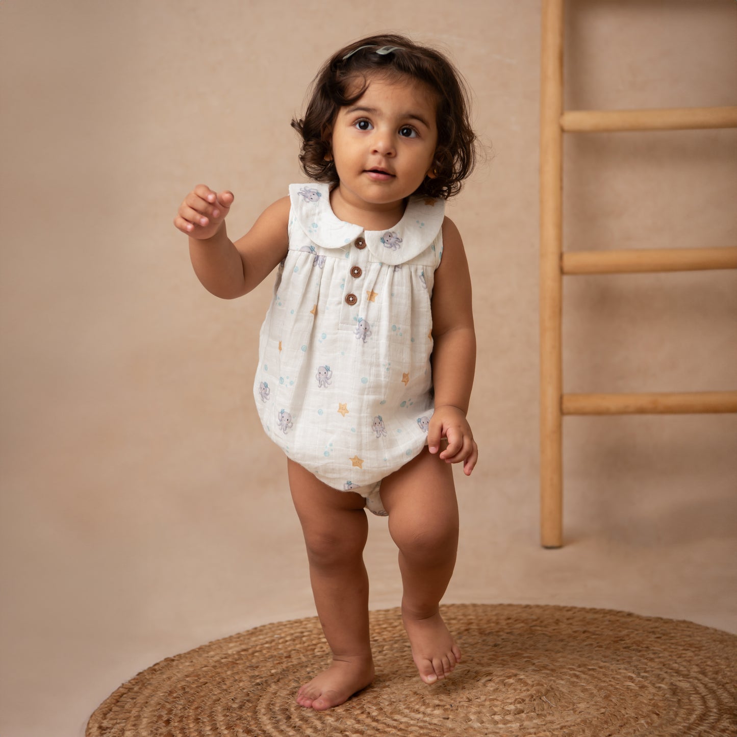 Lagoon Life Print Organic Muslin Peter Pan Collar Romper