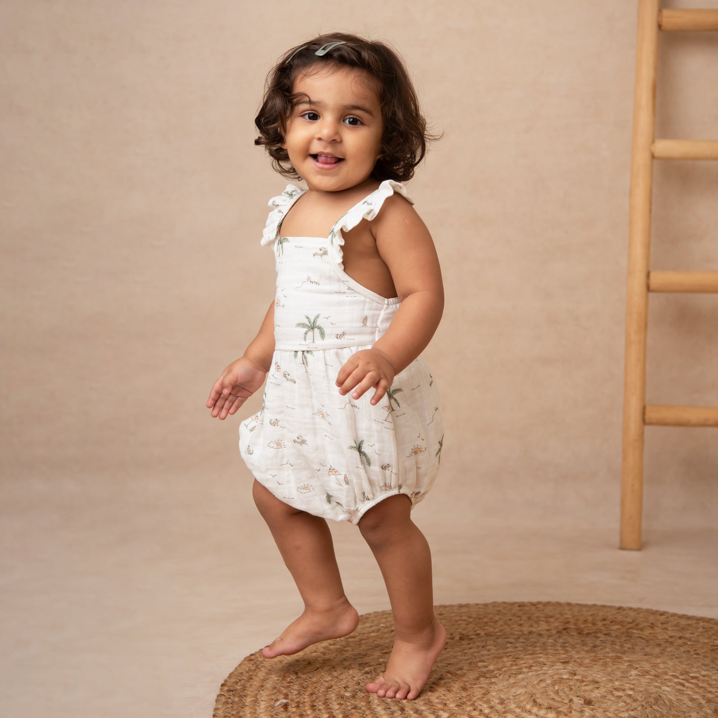 Palm Breezy Print Organic Muslin Sleeveless Frill Romper
