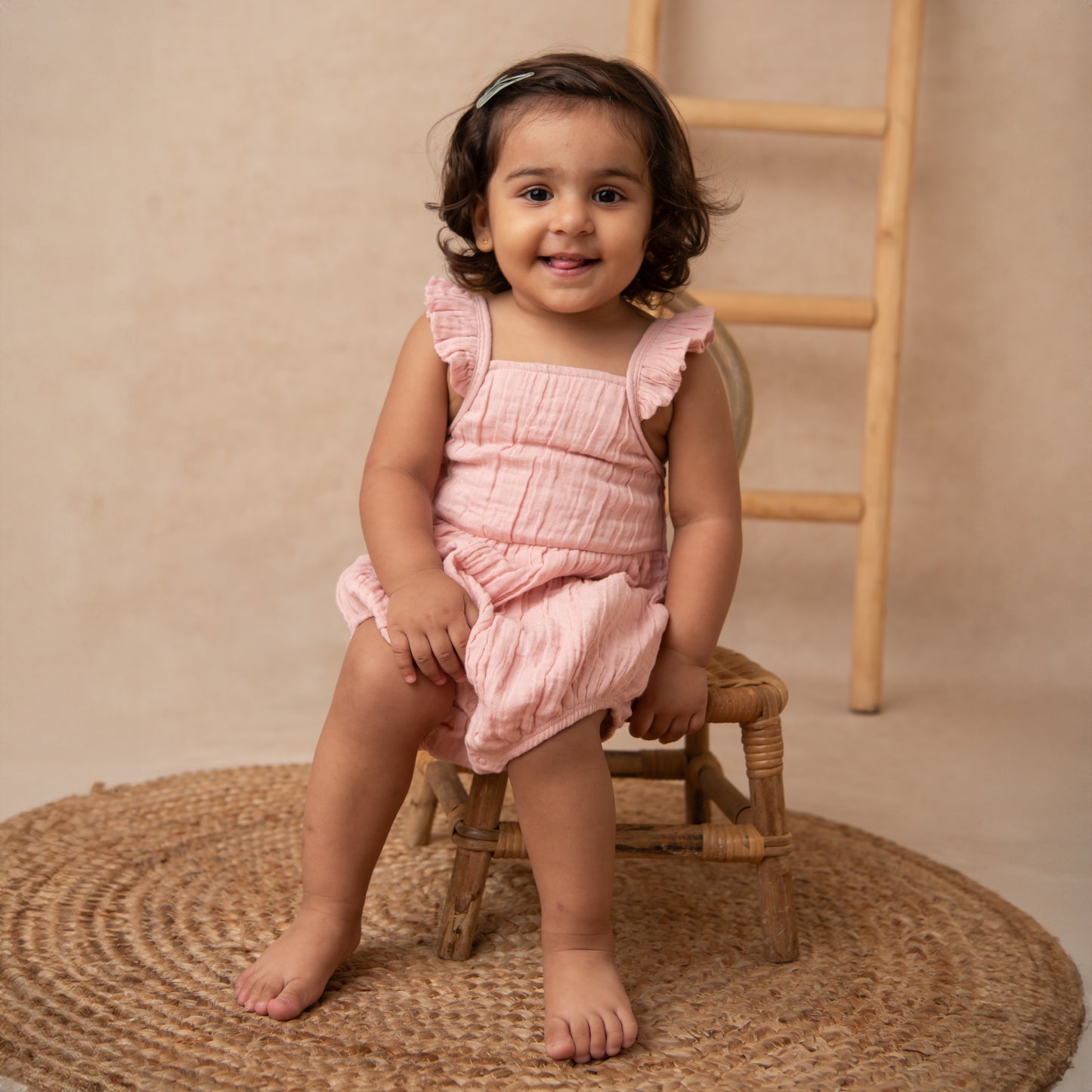 Blush Pink Organic Muslin Sleeveless Frill Romper