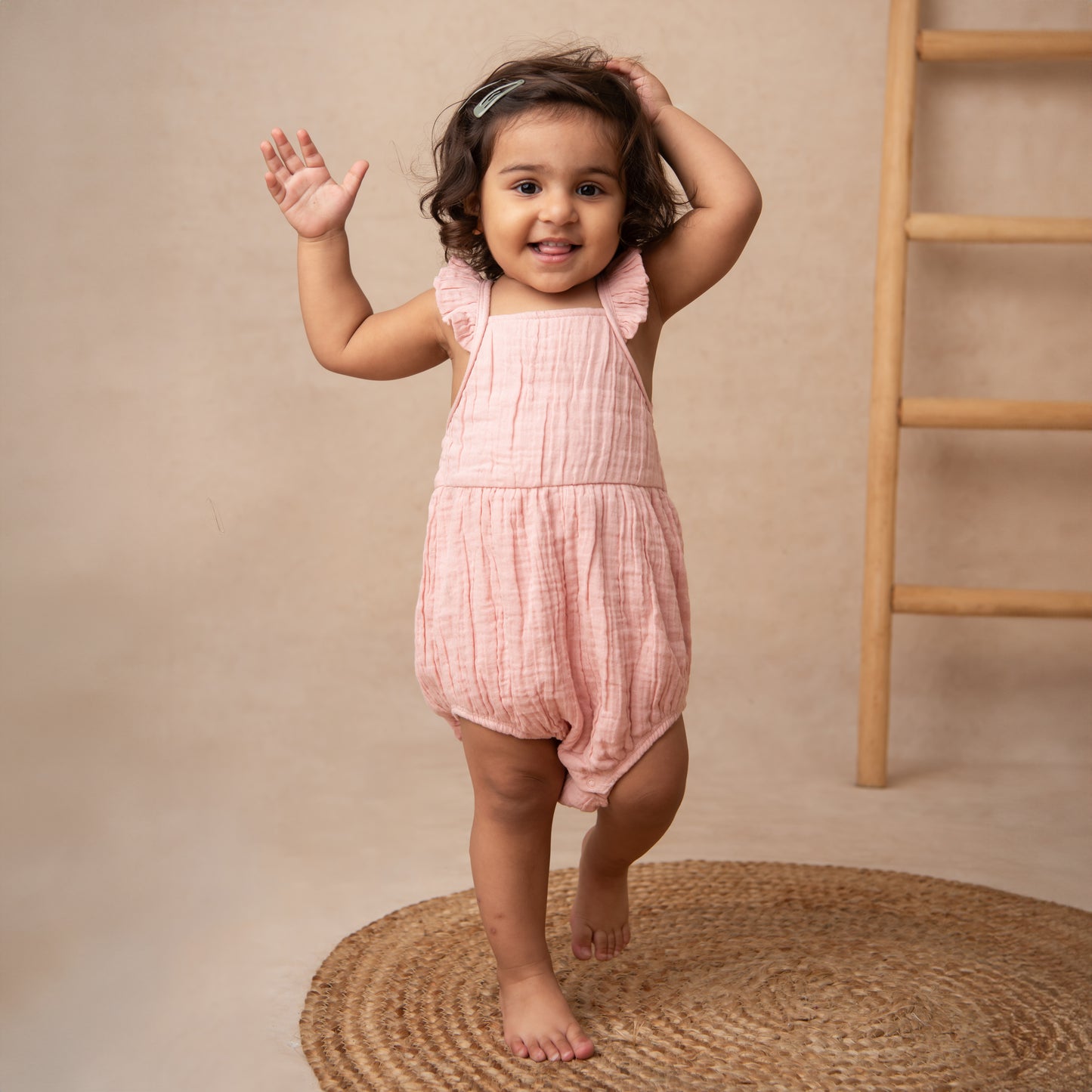 Blush Pink Organic Muslin Sleeveless Frill Romper