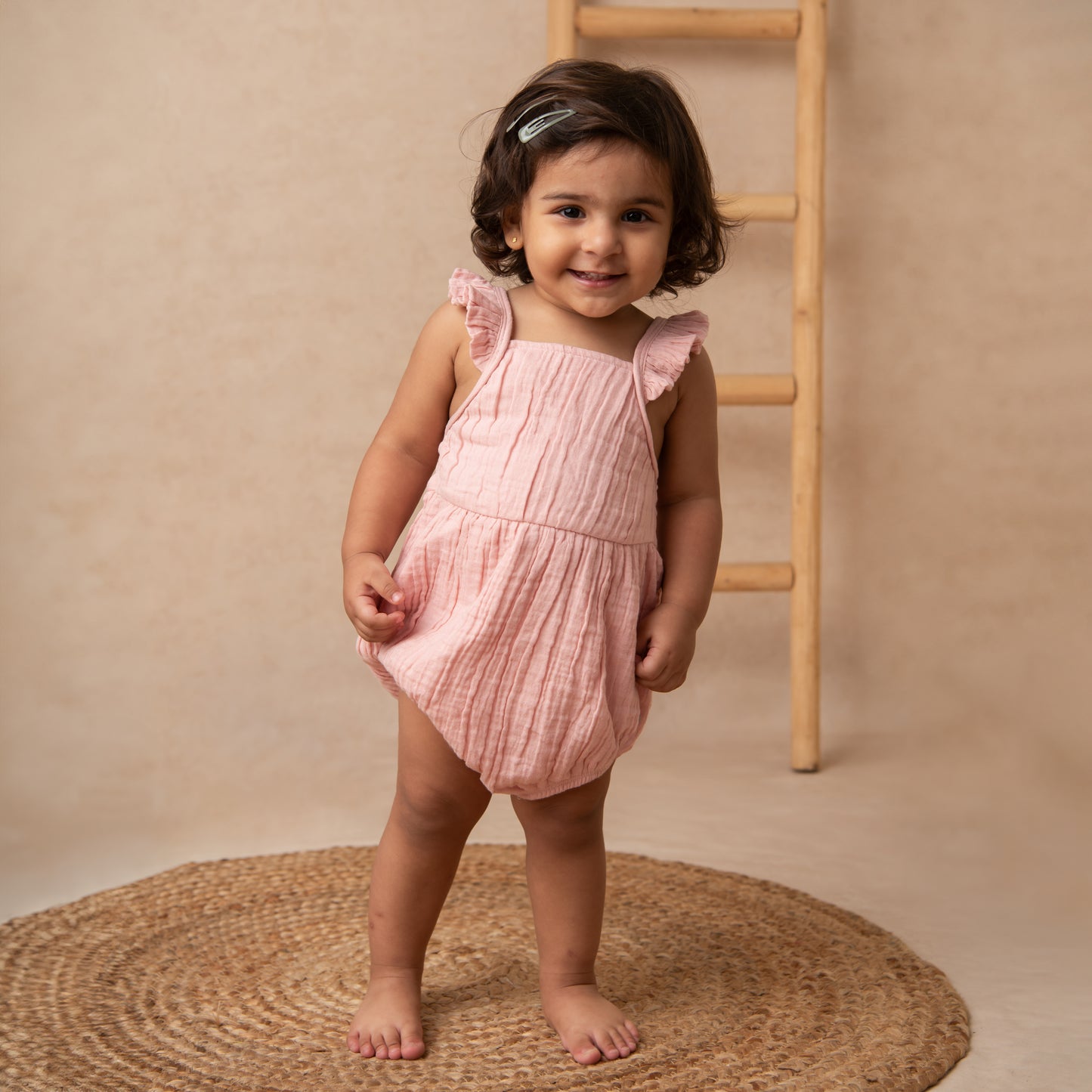 Blush Pink Organic Muslin Sleeveless Frill Romper