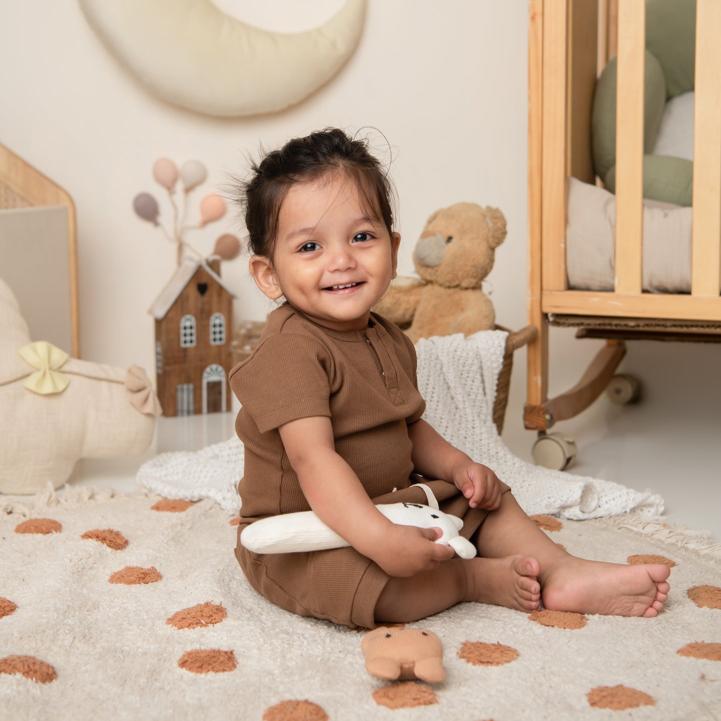 Chocolate Organic Short Sleeve Bodysuit With Drawstring Shorts