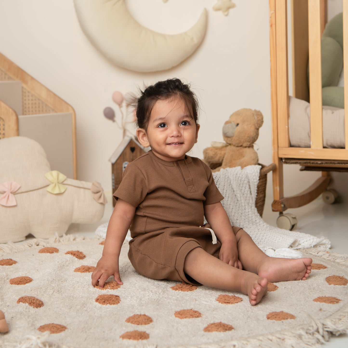 Chocolate Organic Short Sleeve Bodysuit With Drawstring Shorts