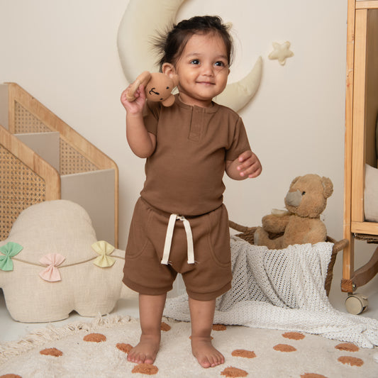 Chocolate Organic Short Sleeve Bodysuit With Drawstring Shorts