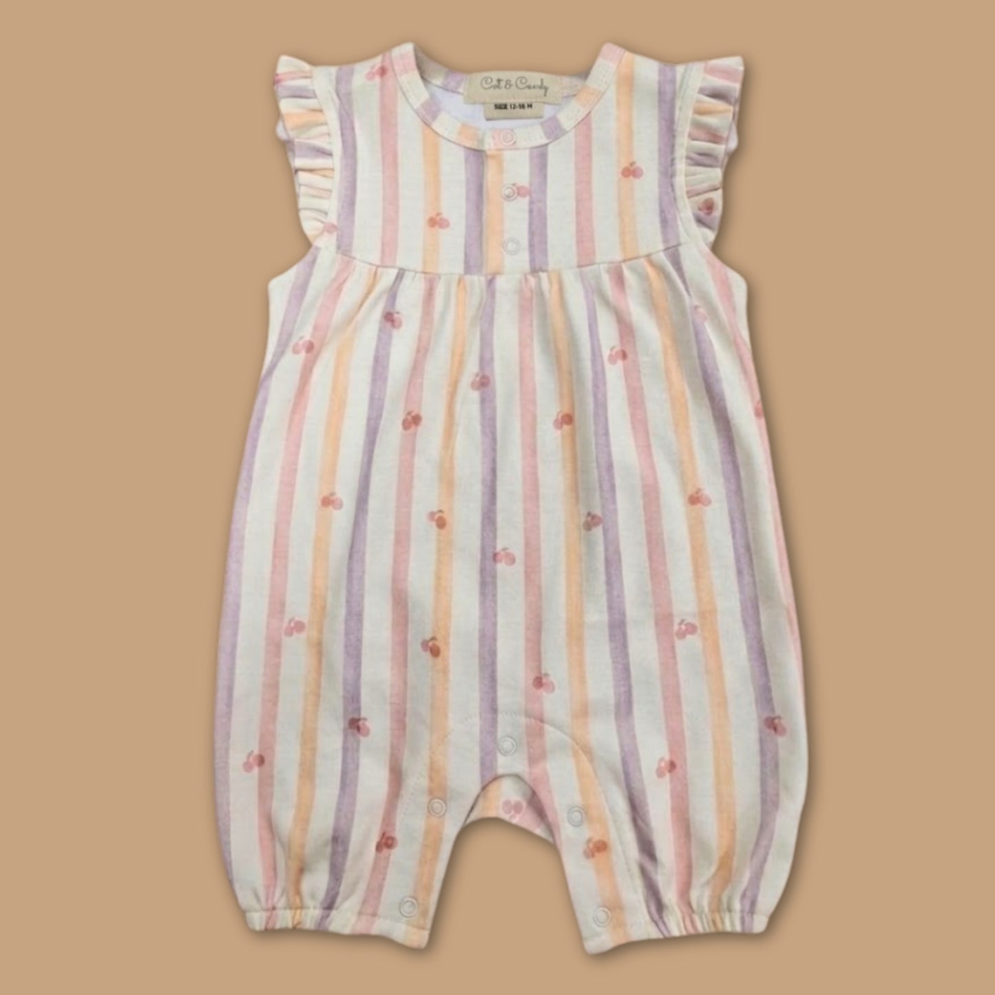 Fruity Fun Print Organic Cherry Stripe Frill Half Romper