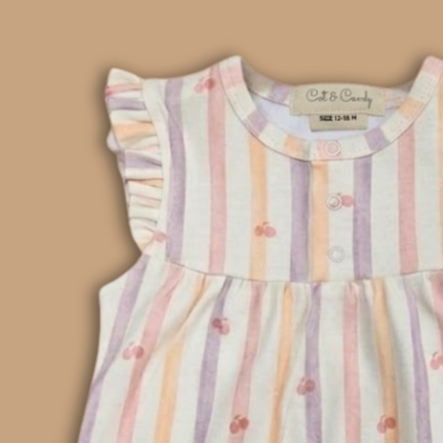 Fruity Fun Print Organic Cherry Stripe Frill Half Romper