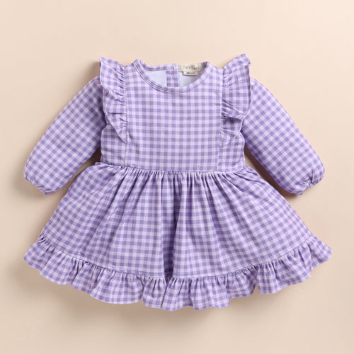 Buy Orchid Gingham Organic Long Sleeve Ruffle Dress