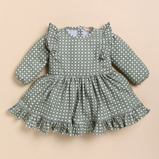 Mineral Gingham Organic Long Sleeve Ruffle Dress
