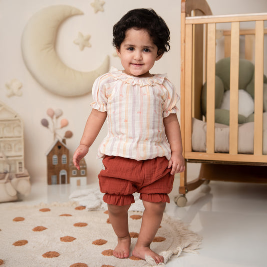 Fruity Fun Print Organic Muslin Frill top with shorts