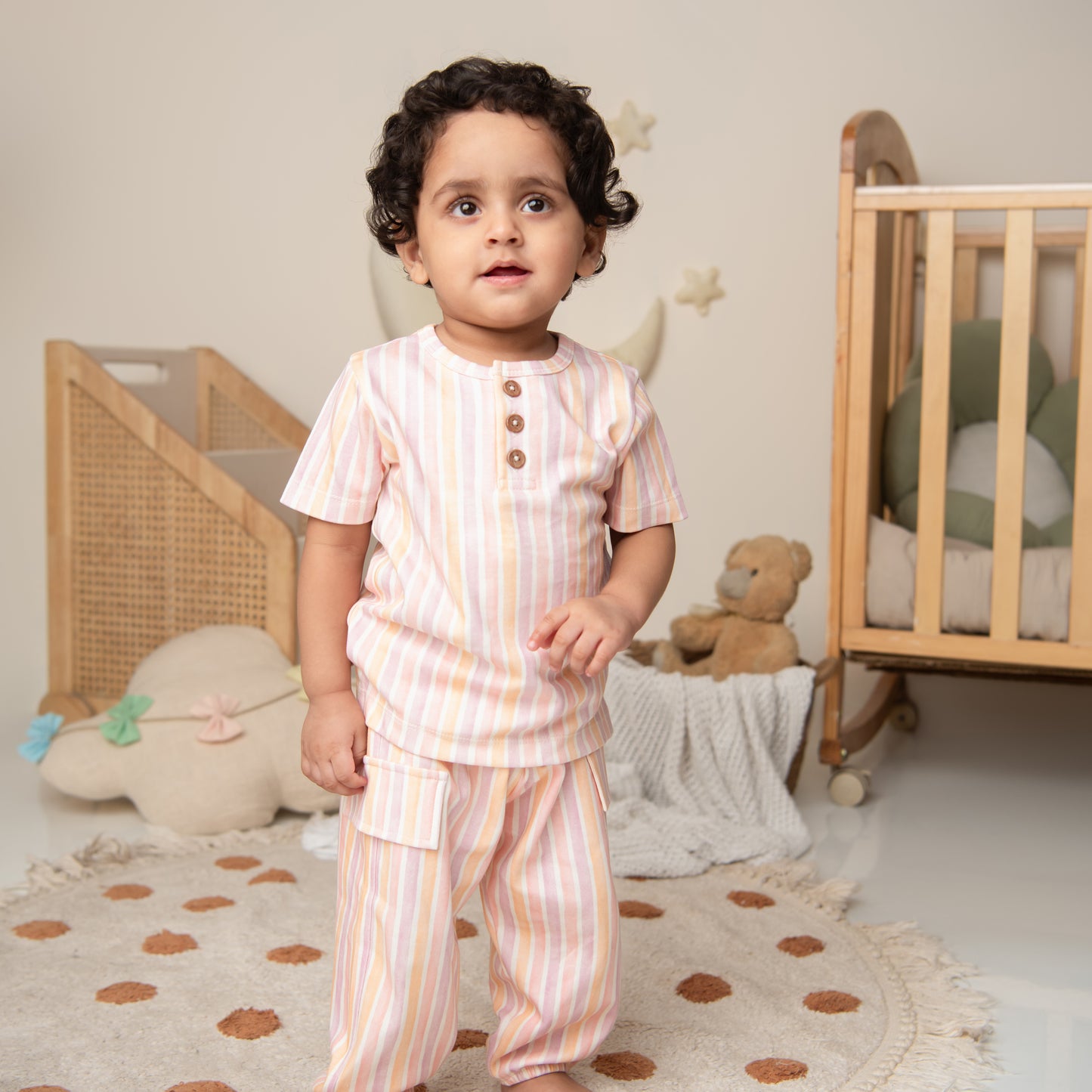 Fruity Fun Print Organic Short Sleeve Henley T-Shirt With Jogger Set