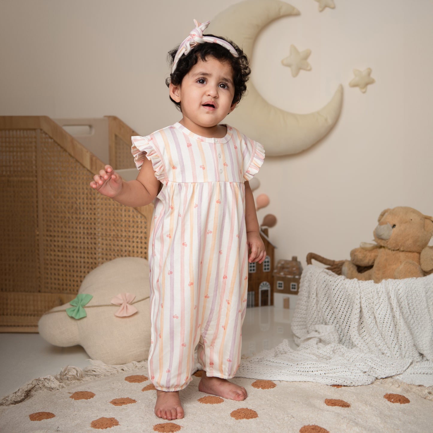 Fruity Fun Print Organic Cherry Stripe Frill Half Romper
