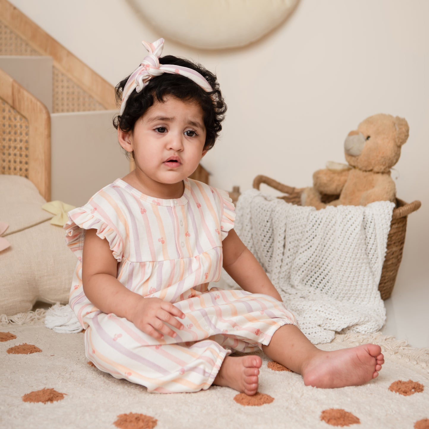 Fruity Fun Print Organic Cherry Stripe Frill Half Romper