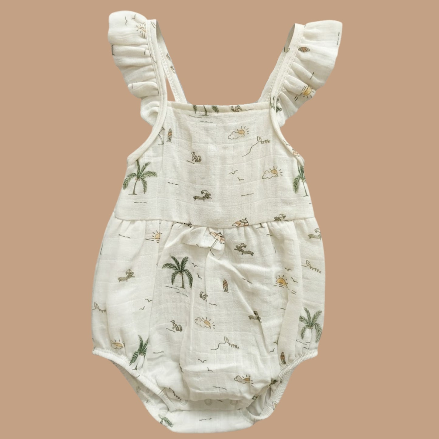 Palm Breezy Print Organic Muslin Sleeveless Frill Romper