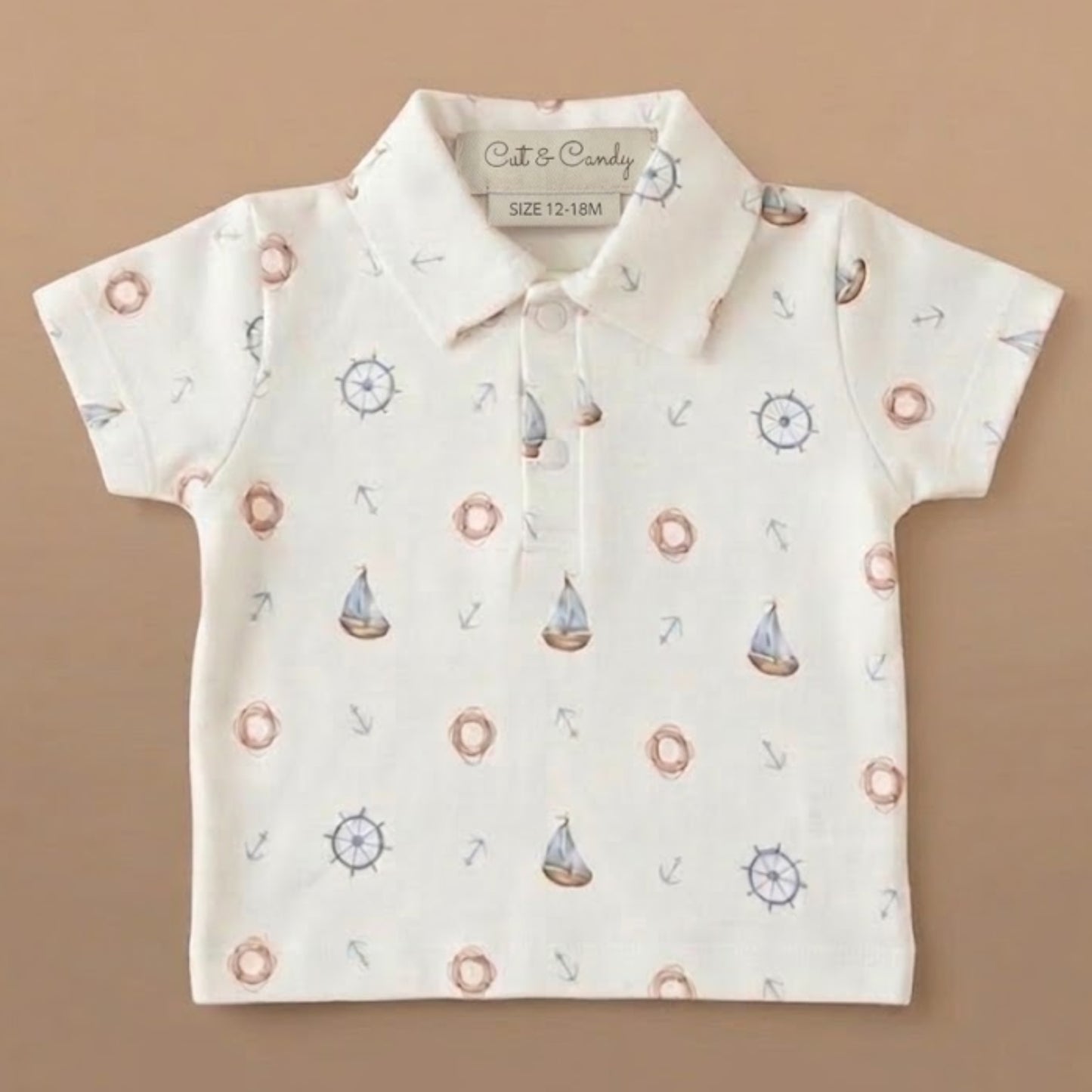 Little Sailor Print Organic Polo T-Shirt With Turn-up Shorts