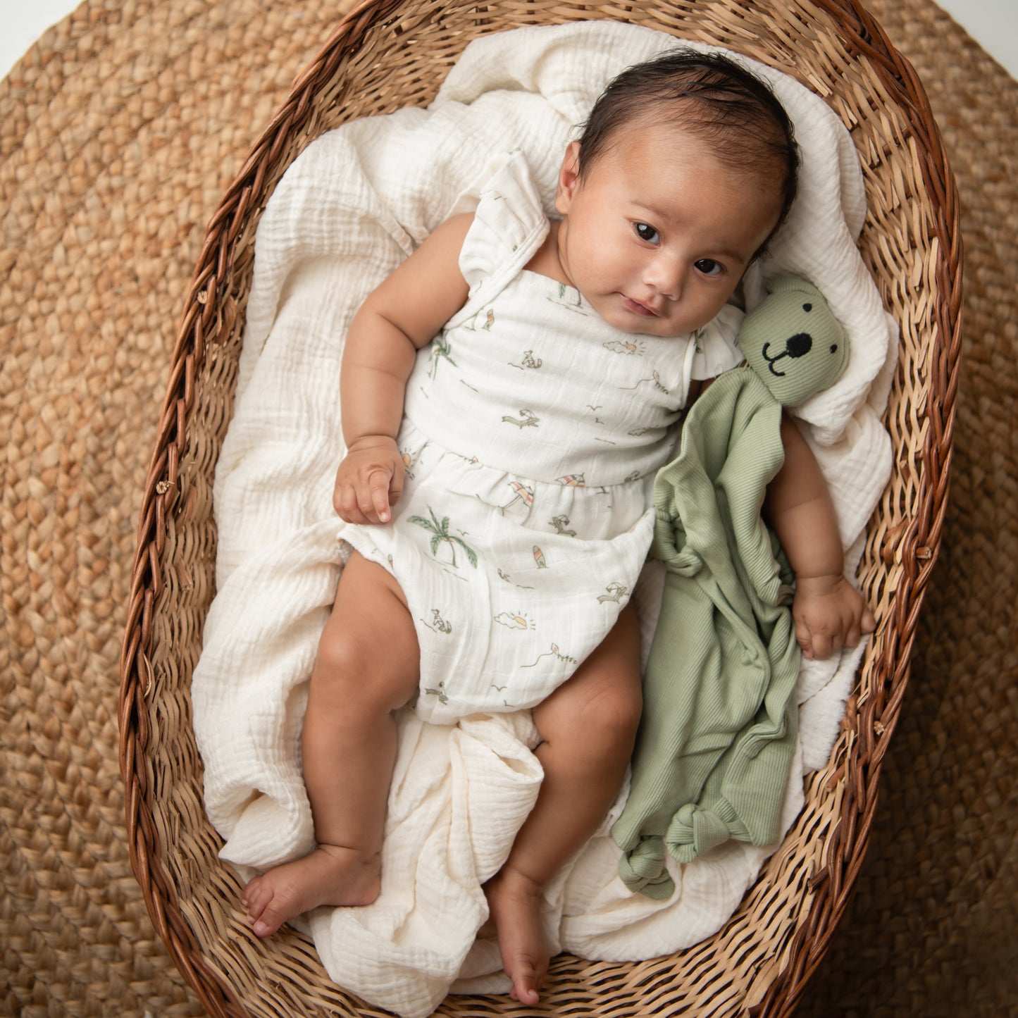 Palm Breezy Print Organic Muslin Sleeveless Frill Romper