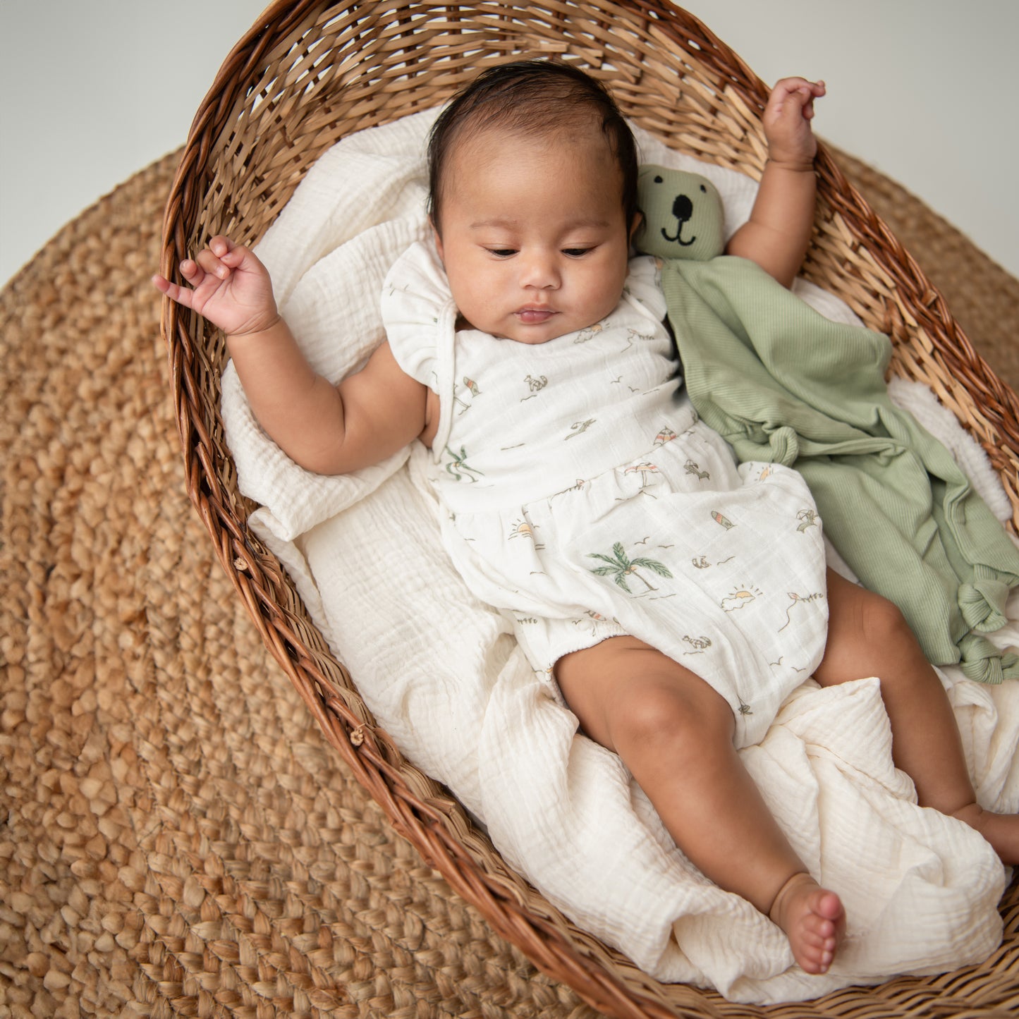 Palm Breezy Print Organic Muslin Sleeveless Frill Romper