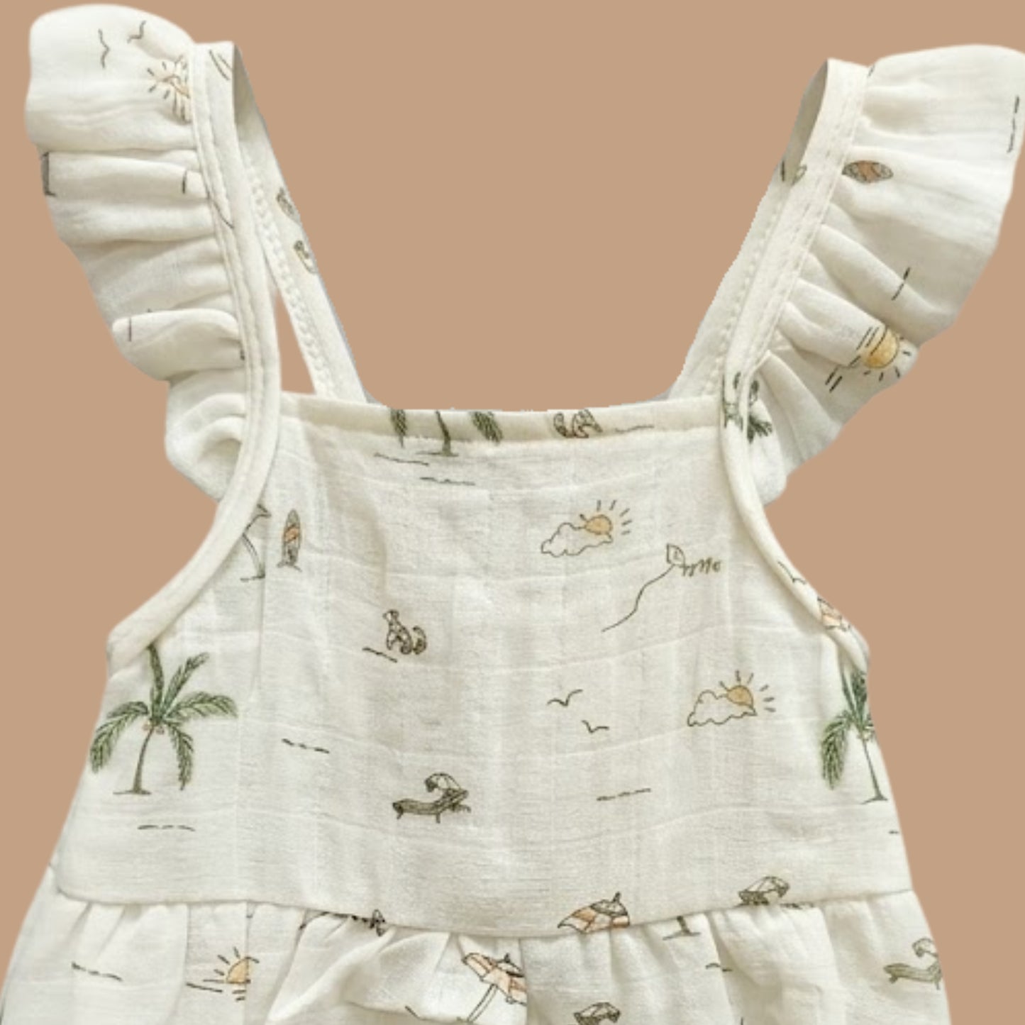 Palm Breezy Print Organic Muslin Sleeveless Frill Romper