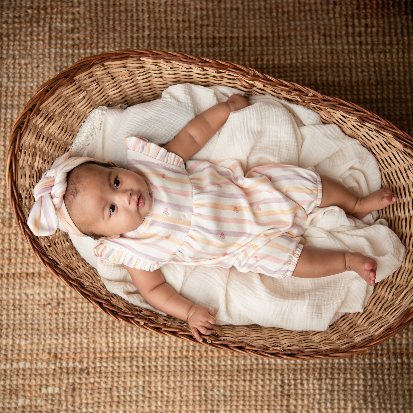 Fruity Fun Print Organic Cherry Stripe Frill Half Romper