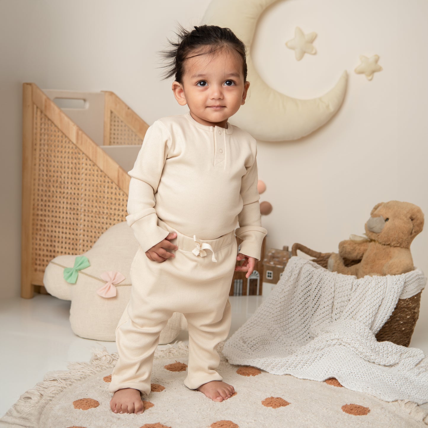 Almond Peach Organic Long Sleeve Bodysuit With Drawstring Leggings