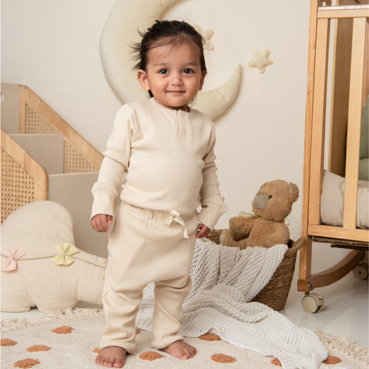 Almond Peach Organic Long Sleeve Bodysuit With Drawstring Leggings