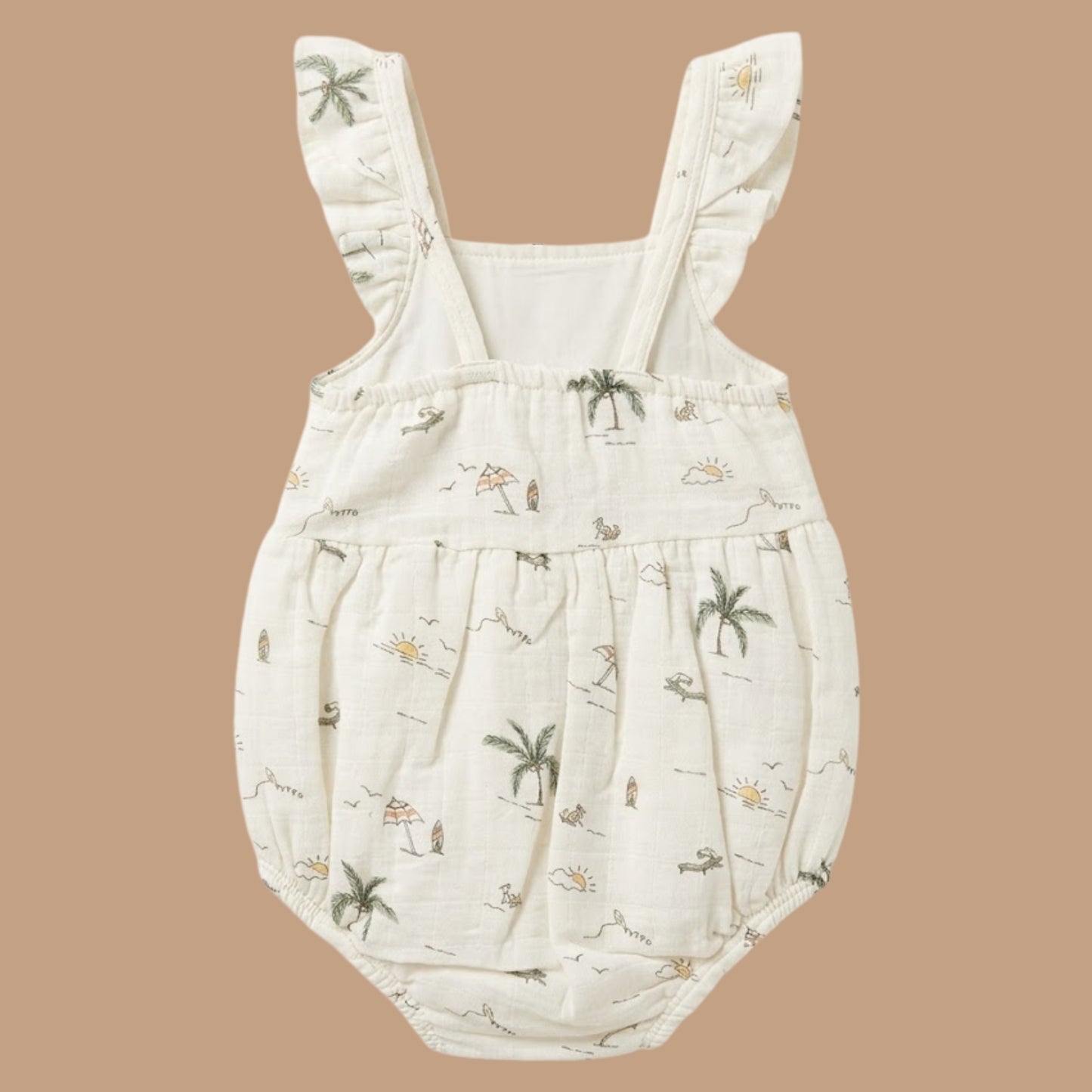 Palm Breezy Print Organic Muslin Sleeveless Frill Romper
