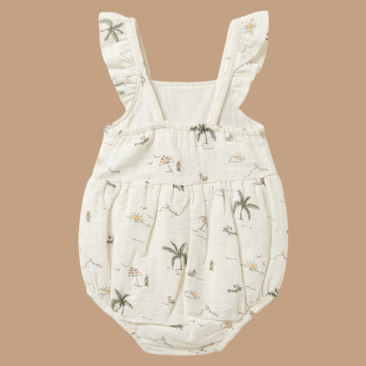 Palm Breezy Print Organic Muslin Sleeveless Frill Romper