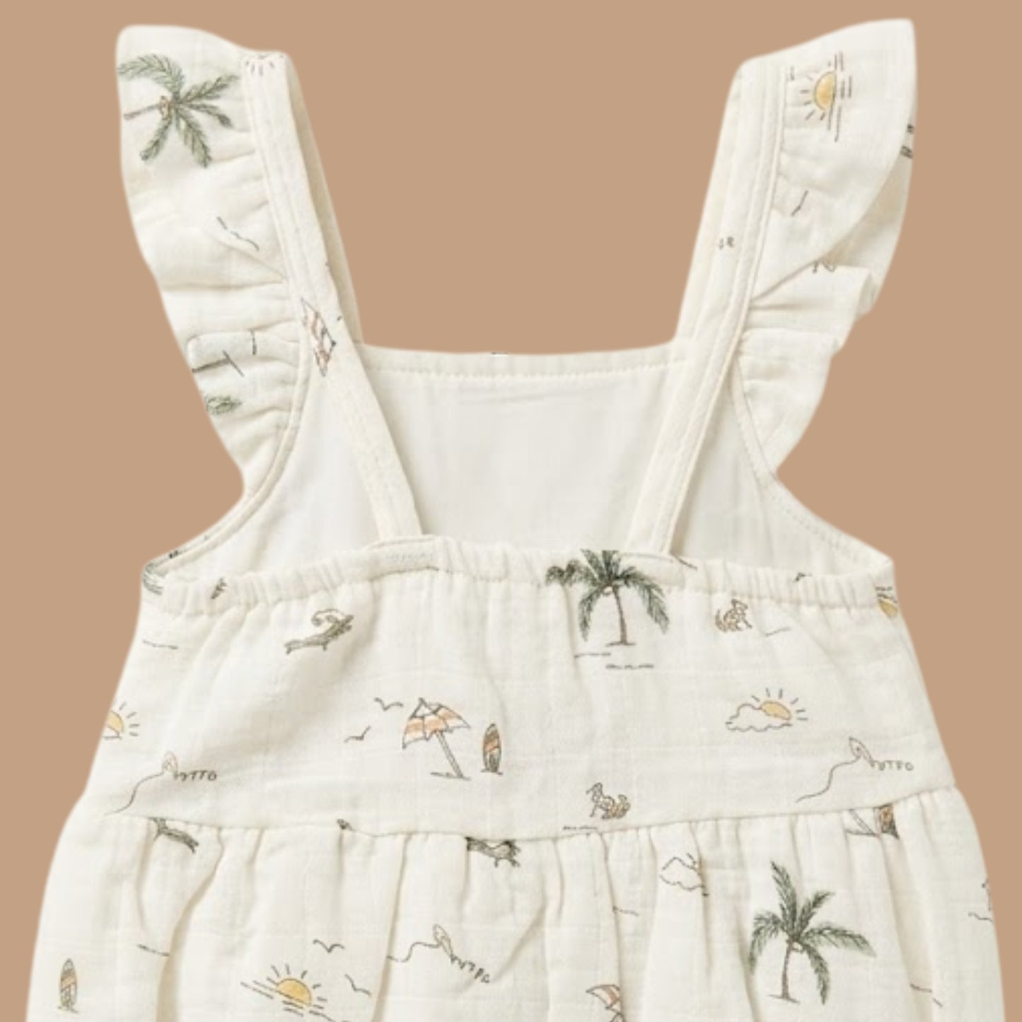 Palm Breezy Print Organic Muslin Sleeveless Frill Romper