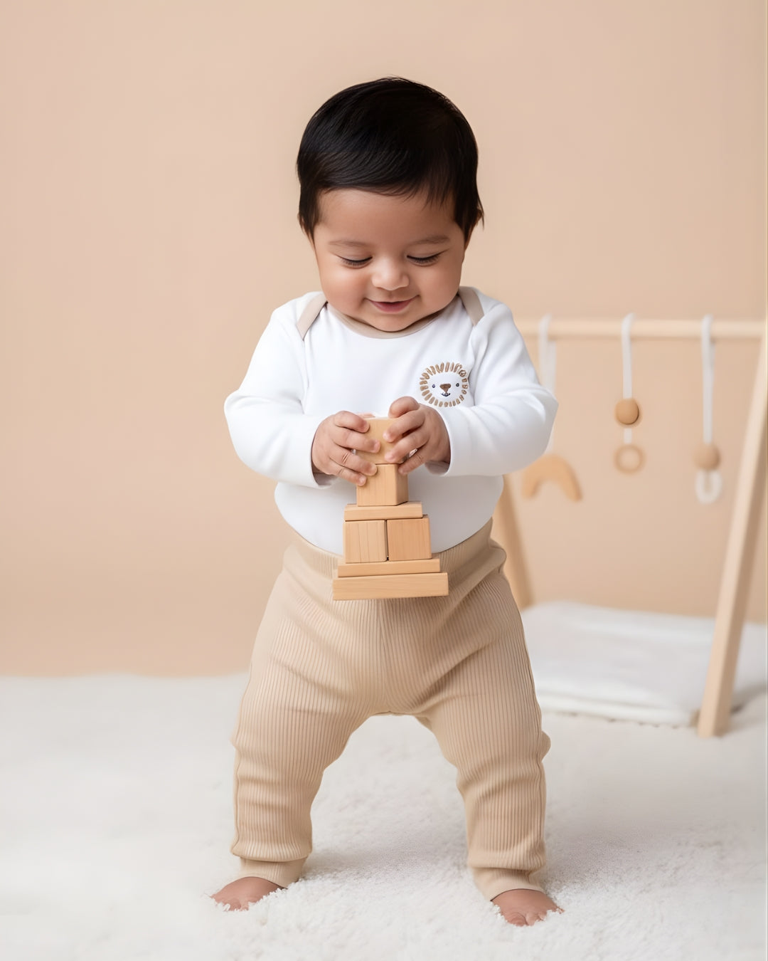 Little Roar Organic Long Sleeve Envelope Bodysuit With Latte Drawstring Pant
