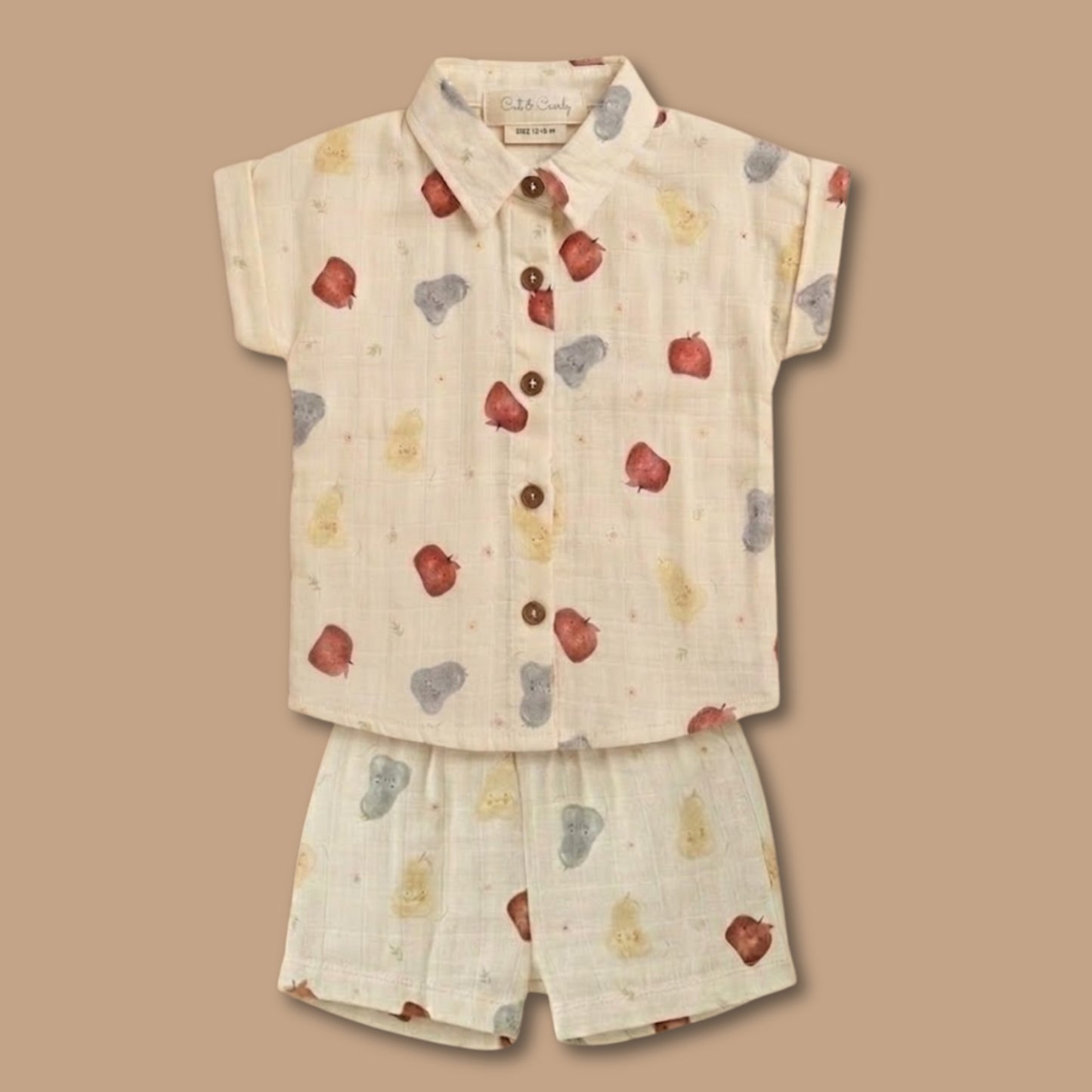 Fruity Fun Print Organic Muslin Jhabla Set Oversized Shirt with shorts
