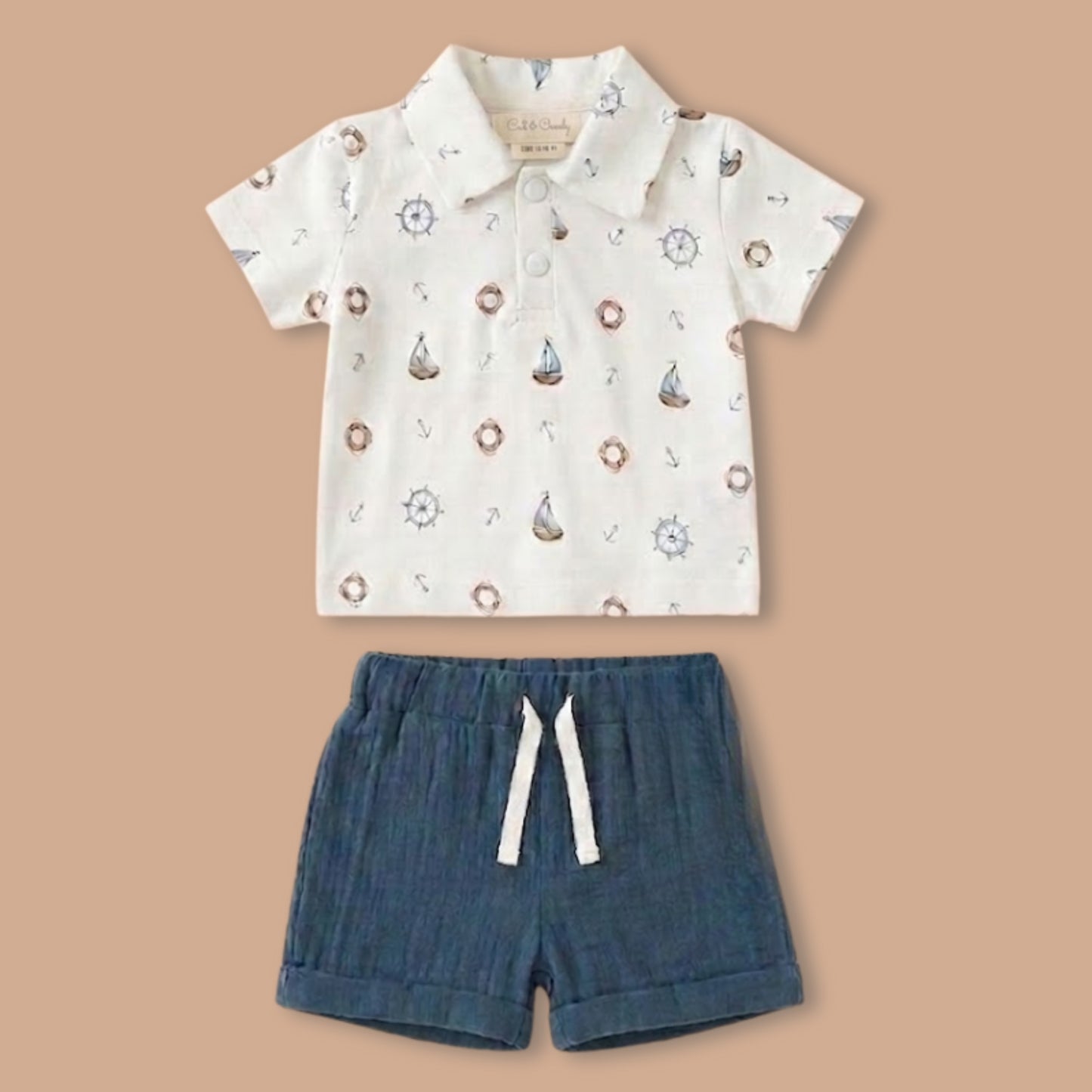 Little Sailor Print Organic Polo T-Shirt With Turn-up Shorts