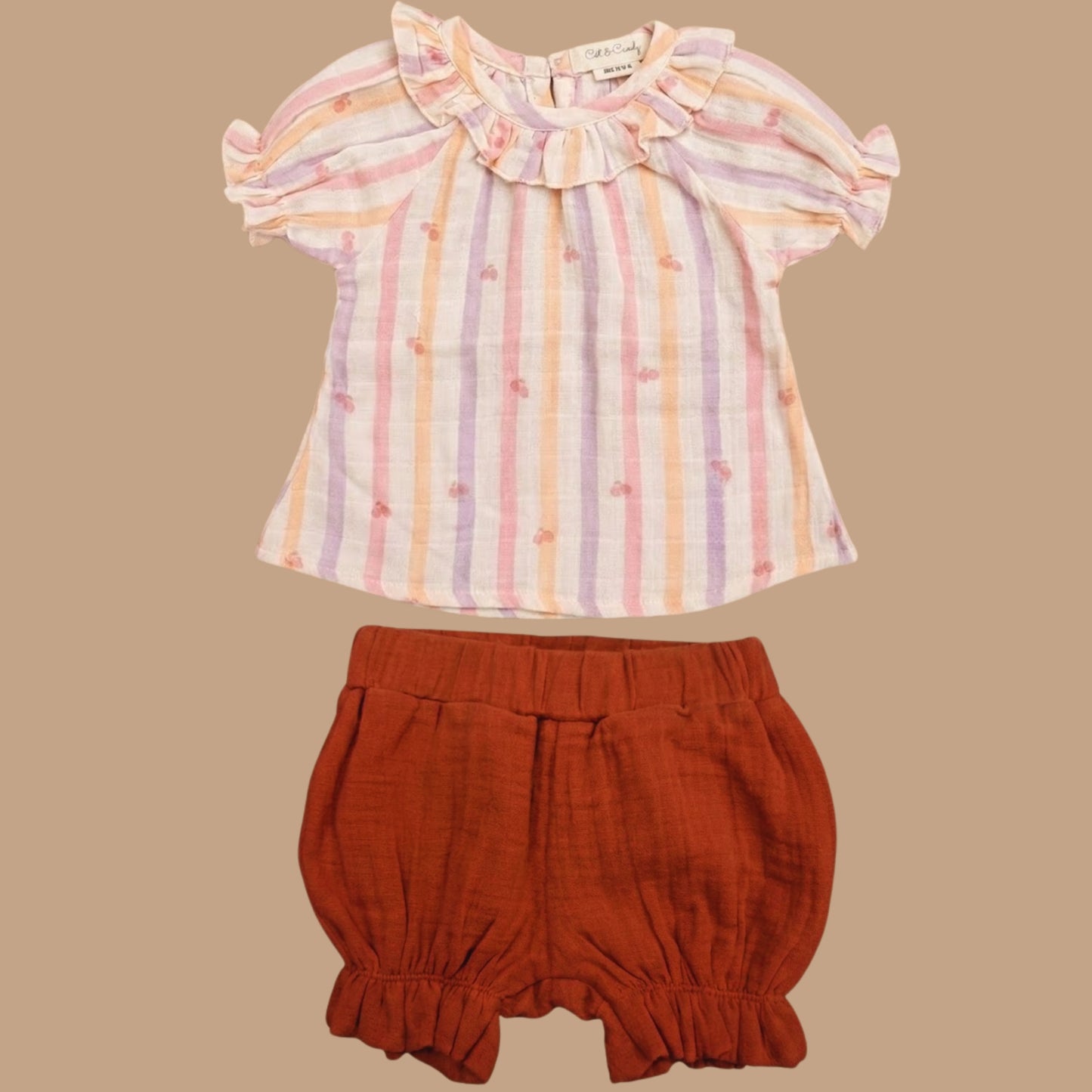 Fruity Fun Print Organic Muslin Frill top with shorts