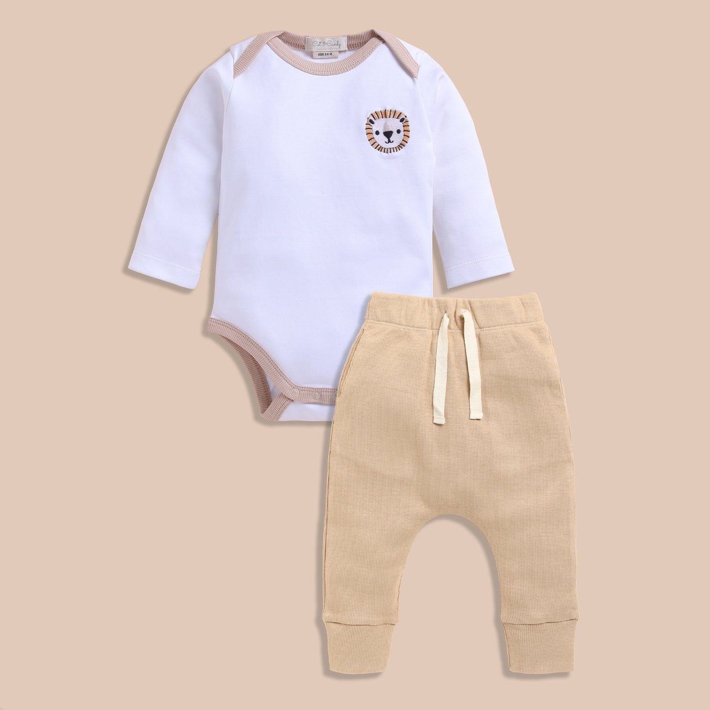 Little Roar Organic Long Sleeve Envelope Bodysuit With Latte Drawstring Pant