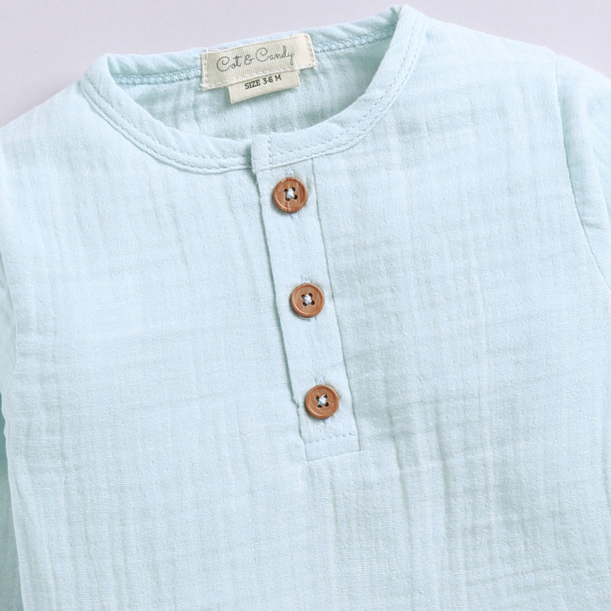 Sky Blue Organic Muslin Long Sleeve Henley T-shirt With Lounge Pant Set