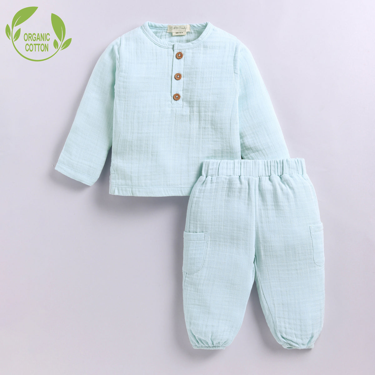 Sky Blue Organic Muslin Long Sleeve Henley T-shirt With Lounge Pant Set