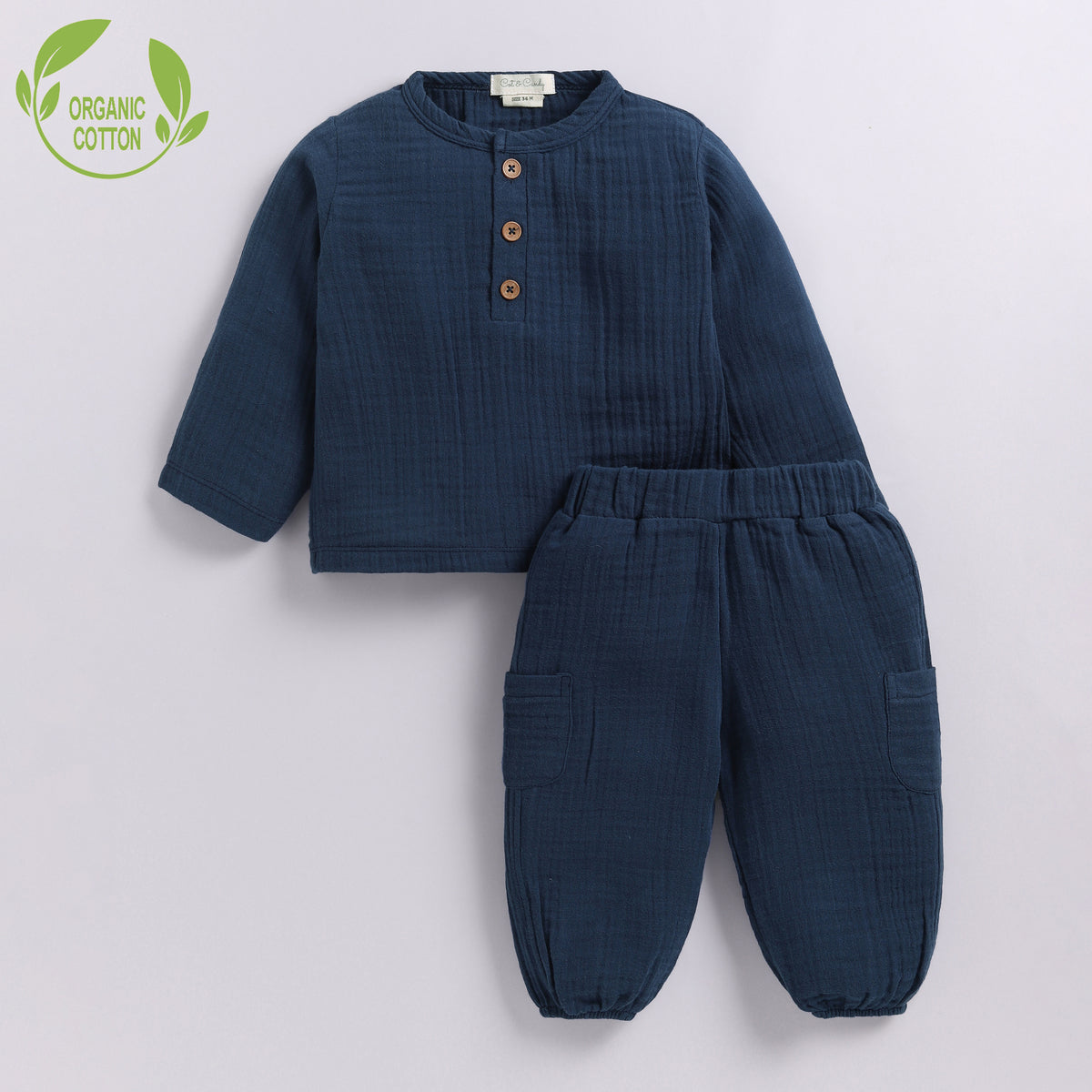 Denim Organic Muslin Long Sleeve Henley T-shirt With Lounge Pant Set