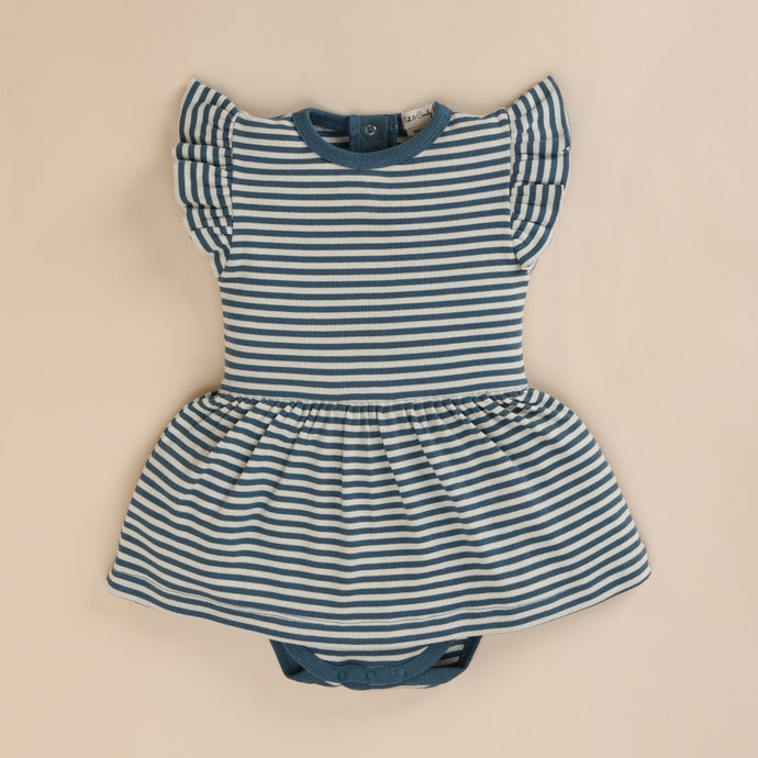 Teal Stripe Organic Short Sleeve Dress With Frill for 6-12 months baby